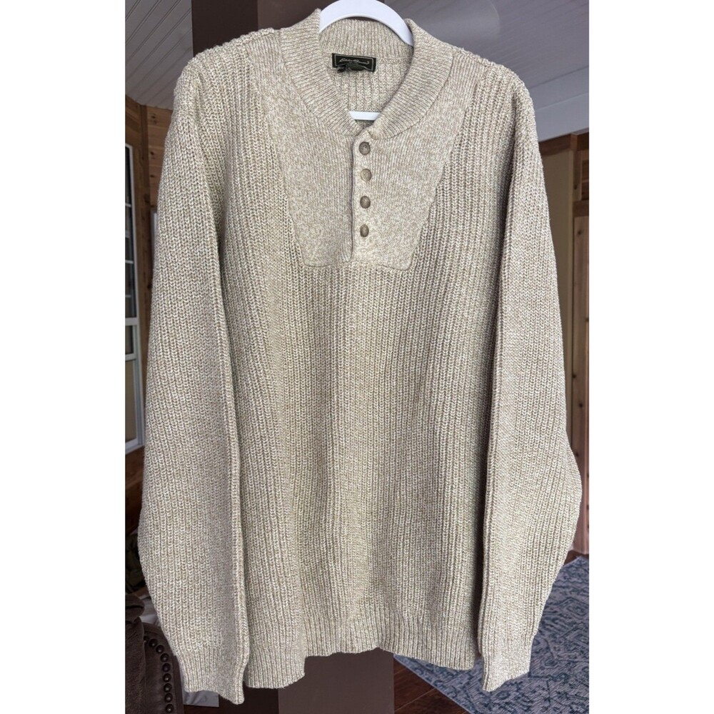 VTG Eddie Bauer Sweater Mens 2XL Oatmeal Henley Cotton Fisherman 90's Y2K Chunky - Picture 2 of 11